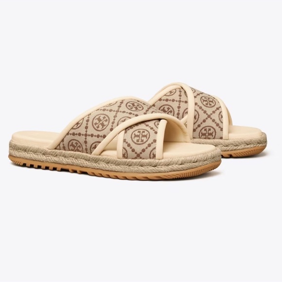 Tory Burch T monogram Jacquard leather crisscross espadrille slide sandals - Picture 1 of 5